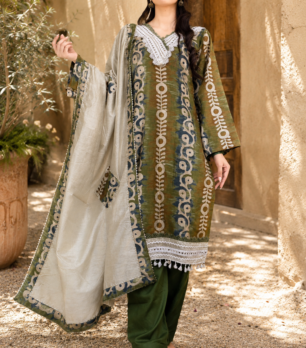 Traditional outfit with embroidered green and white dress in an outdoor setting