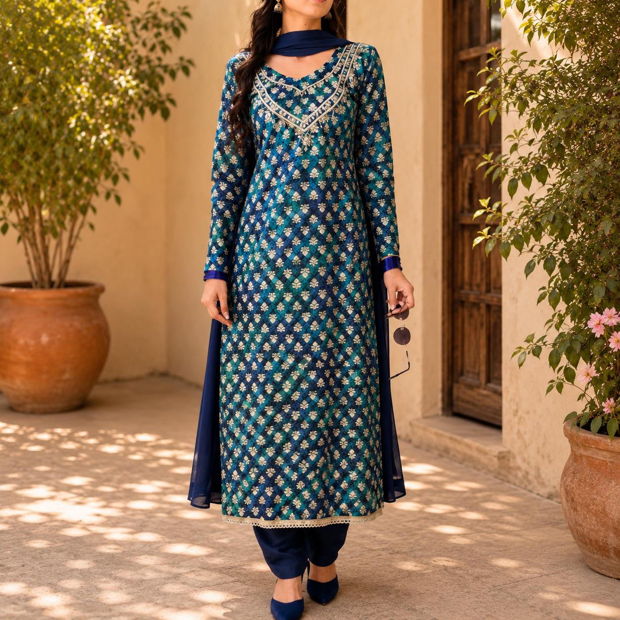 Woman wearing a blue and green patterned dress standing in a sunlit outdoor setting.