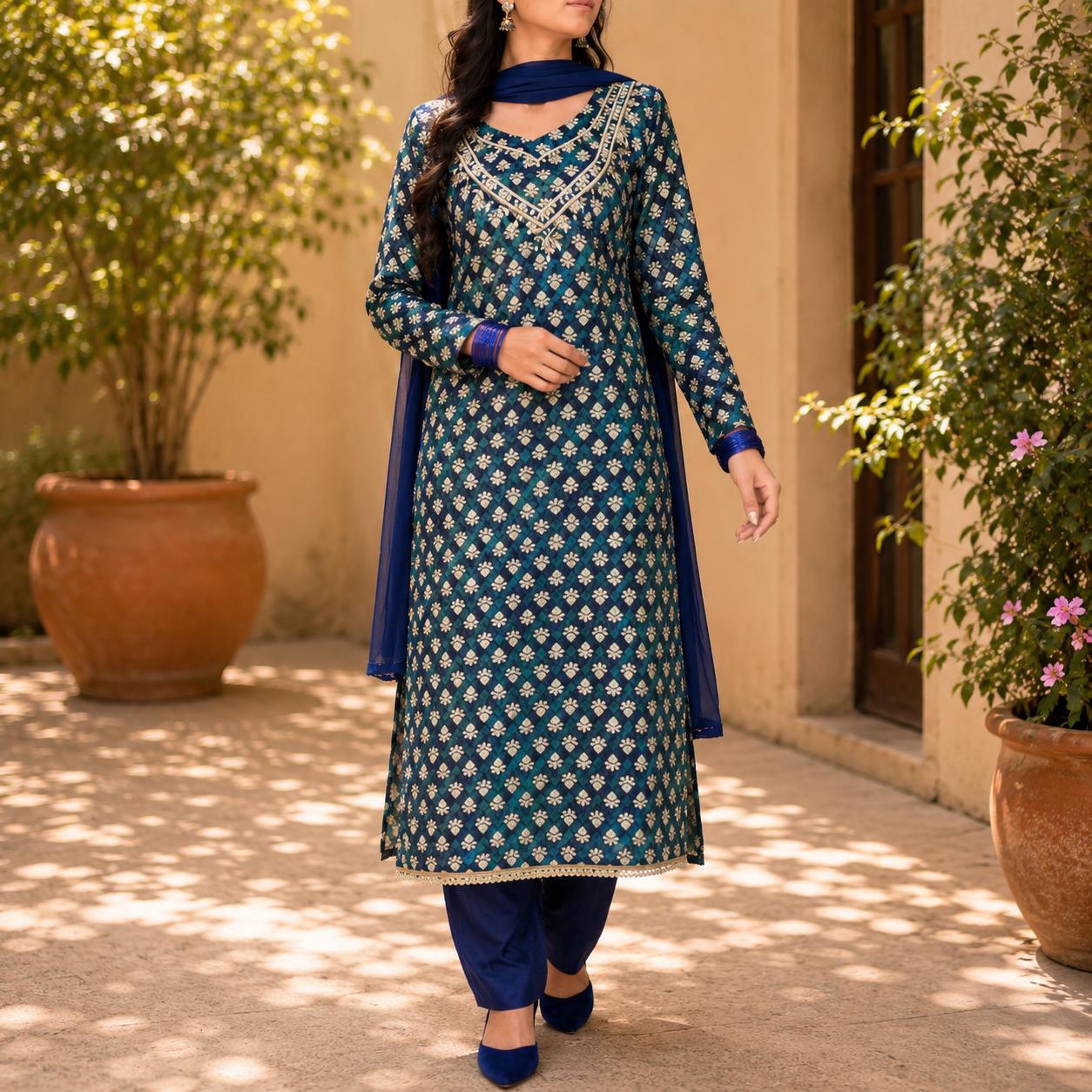 Woman wearing a traditional blue and green outfit with floral patterns in an outdoor setting.