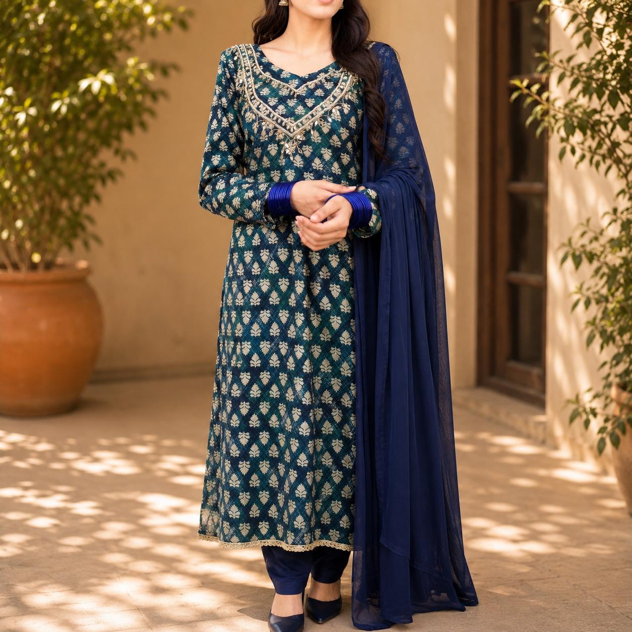 Woman wearing a green and blue traditional outfit with a blue dupatta in an outdoor setting.