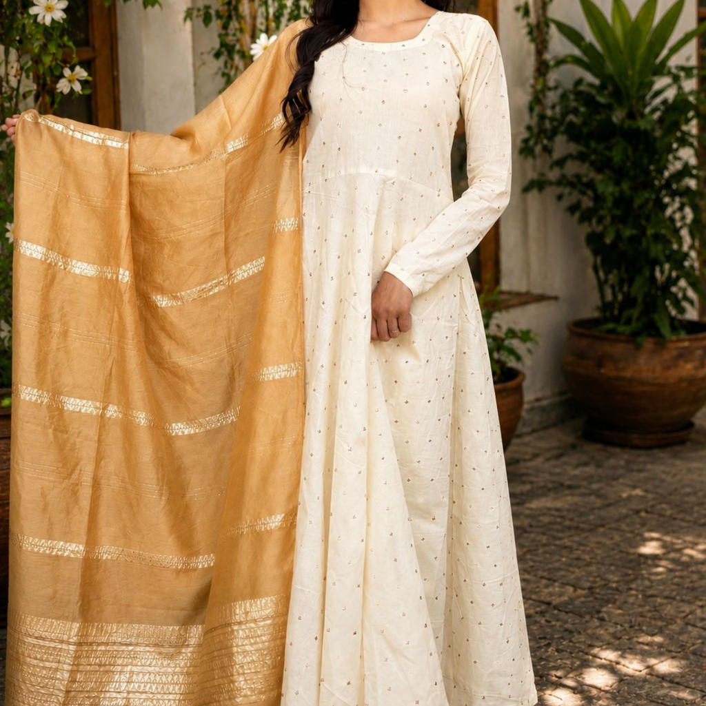 Woman in a white traditional outfit holding a beige dupatta, standing outdoors.
